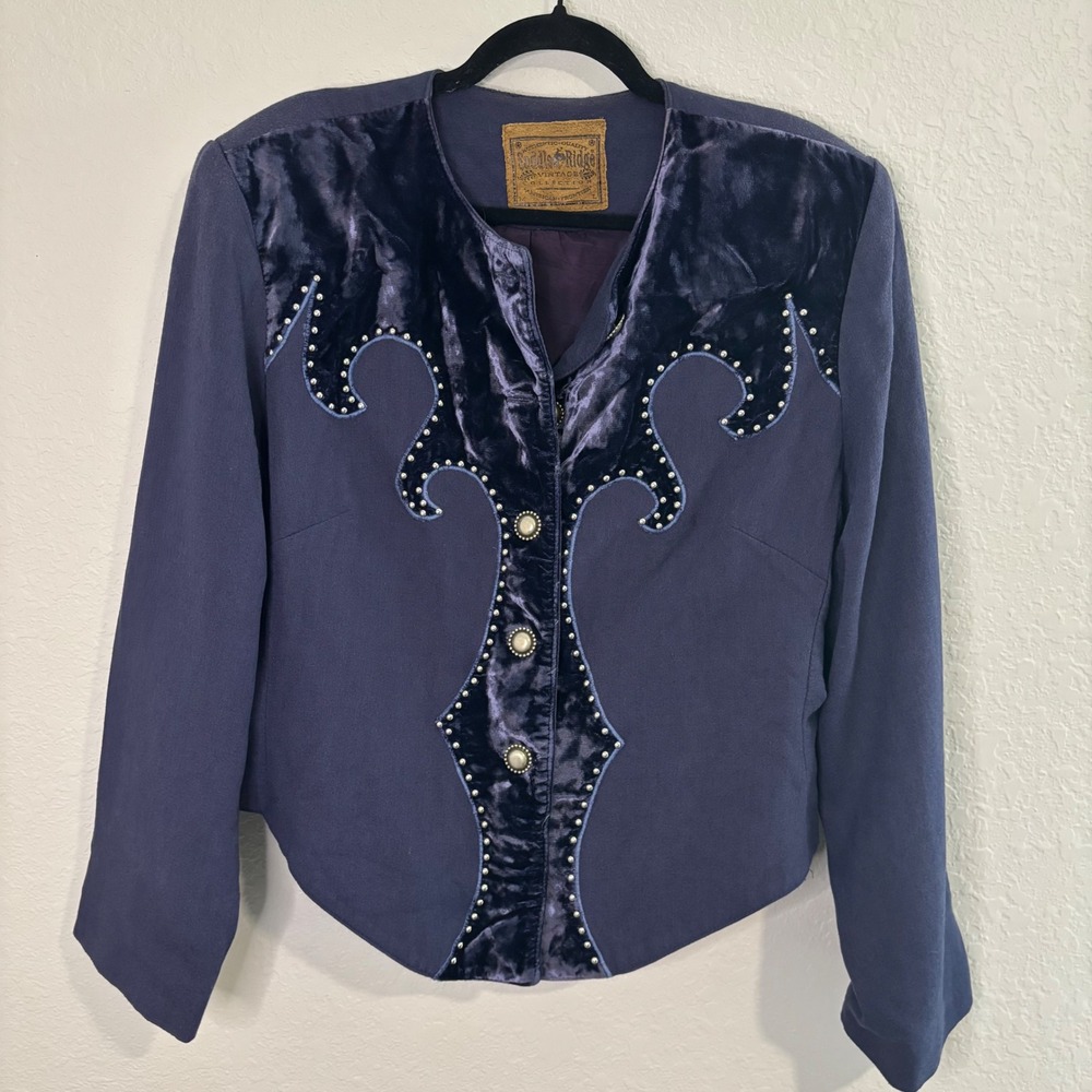 Saddle Ridge Vintage Western Jacket Navy Blue Velvet Studded Wool Blend XL